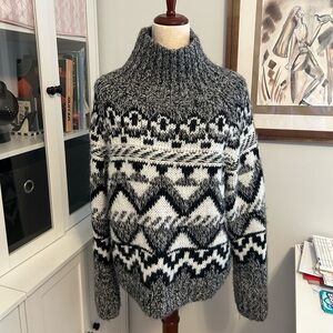 Black and White Turtleneck Sweater with Nordic Pattern